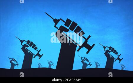 Viele Hände mit Spritzen oder Impfungen und Immunität für jedermann Illustration für medizinisches Erfolgsthema und Siegesthema Stockfoto