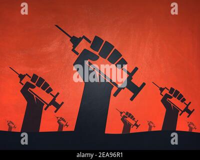 Viele Hände mit Spritzen oder Impfungen Immunität und Resistenz gegen Virusthemen Illustration für medizinischen Erfolg und Siegesthema Stockfoto