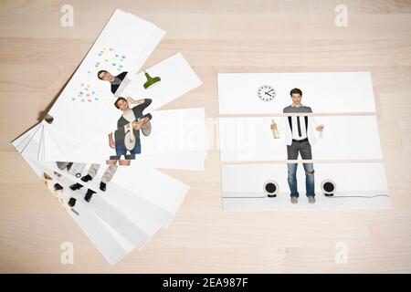 Collage, Fan von Fotos, Mann in verschiedenen Rollen, auf Holztisch Stockfoto