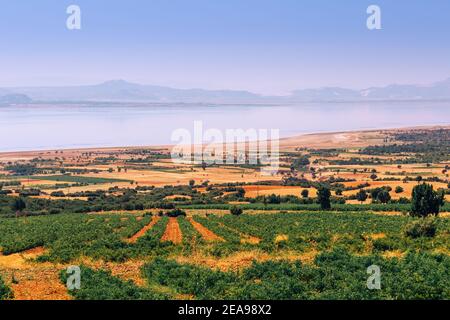 Luftaufnahme des Burdur Sees in der Region Isparta mit Ackerland im Vordergrund. Landwirtschaft und natürliche Ressourcen in der Türkei Stockfoto