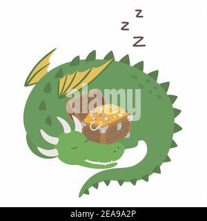 Schlafender Drache. Niedliche Cartoon Drachen Bewachung Schatzkiste. Vektorgrafik Stock Vektor