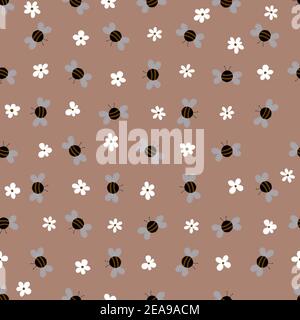 Nahtloses Muster mit Bienen und Blumen auf beigem Hintergrund. Liebenswert Cartoon Wespen Zeichen. Vorlage Design für Einladung, Karten, Textil, Stoff Stock Vektor