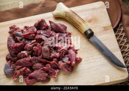 Rohe Wildstücke eines wilden Damhirsches, die in einem Eintopf zubereitet werden. Auf einem Holzschneidebrett mit einem selbstgemachten Messer. England GB Stockfoto