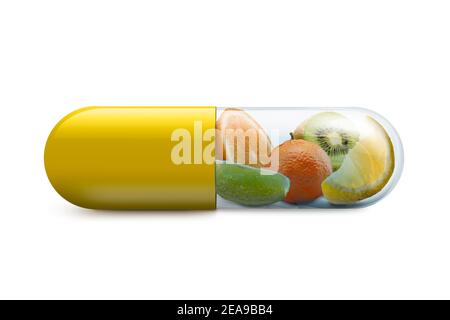 Vitamin C Pille mit Zitrusfrüchten innen auf mit Hintergrund Stockfoto