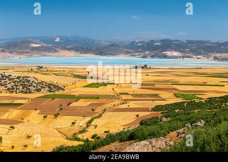 Landwirtschaftliche Felder geerntet Weizen und andere Kulturen mit Bergen und einem See im Hintergrund. Luftaufnahme Stockfoto