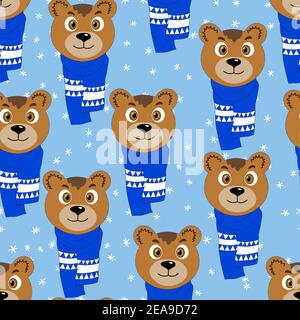 Nahtloses Muster mit niedlichem Tiergesicht auf farbigem Hintergrund. Tragen Sie in einem Winter Schal. Frohe Weihnachten und Neujahr Vektor-Illustration für Stoff Stock Vektor