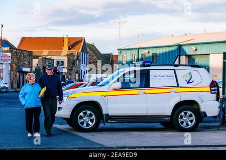 Irish Coast Guard Auto, Howth Fishery Harbour. Howth, County Dublin, Irland, Europa Stockfoto