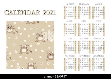 2021 Kalenderplaner mit Stier, Symbol Jahr. Сorporate Woche. Vorlagenlayout, 12 Monate jährlich. Einfaches Design für Business Broschüre, Flyer, Print Stock Vektor