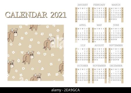 2021 Kalenderplaner mit Stier, Symbol Jahr. Сorporate Woche. Vorlagenlayout, 12 Monate jährlich. Einfaches Design für Business Broschüre, Flyer, Print Stock Vektor