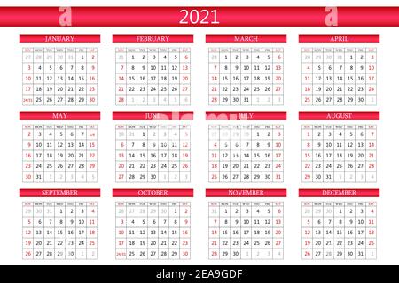 2021 Kalenderplaner. Firmenwoche. Vorlagenlayout, 12 Monate jährlich, weißer Hintergrund. Einfaches Design für Business-Broschüre, Flyer, Printmedien Stock Vektor
