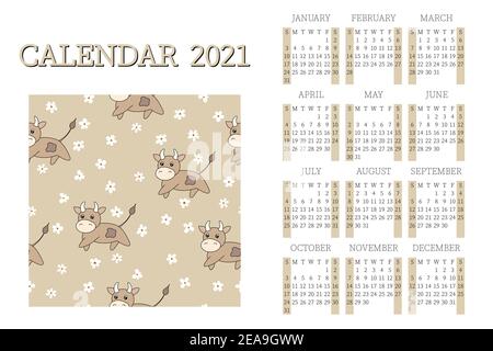 2021 Kalenderplaner mit Stier, Symbol Jahr. Сorporate Woche. Vorlagenlayout, 12 Monate jährlich. Einfaches Design für Business Broschüre, Flyer, Print Stock Vektor