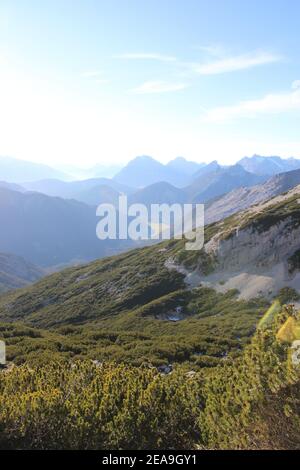 Wanderung zur Pleisenspitze (2569m), Blick über Latschenfeld Richtung Scharnitz / Brunnstein, Bergtour, Bergwandern, Outdoor Stockfoto