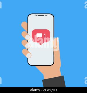 Modernes Design Stil Hand hält das Smartphone mit neuen ein-Person-Bildschirm, Kommentar Benachrichtigung . Stock Vektor