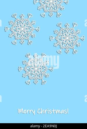 Frohe Weihnachten, Feiertage, Feier Gruß und Einladungskarte, Banner, Rahmen, Header, Postkarte. Layoutvorlage. Weiße Schneeflocken auf Blau Stock Vektor
