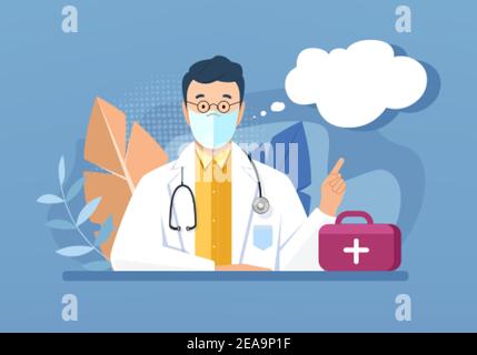 Medizinkonzept im flachen Cartoon-Stil mit Arzt am Tisch und Verbandskasten auf blauem Hintergrund. Medizinischer Mann mit Gesichtsmaske in weißer Robe Uniform zeigt mit dem Finger auf trübe Sprechblase. Stock Vektor