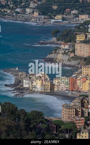 Camogli seine Kirche und die Levante Küste von oben gesehen Stockfoto