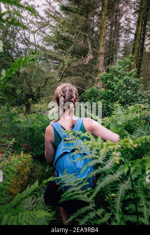 Blonde junge Ausflügler auf ihrem Rücken mit Zöpfen trägt ein Blauer Rucksack und tiefer in den Wald Stockfoto