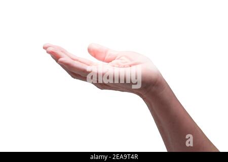 Horizontale Aufnahme der Hand einer Frau mit einer gefstrahlten Handfläche auf weißem Hintergrund. Stockfoto