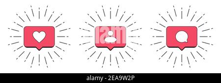 Social Media blasen mit „Gefällt mir“, „Follower“ und „Kommentar“-Symbol. Set von beliebten Benachrichtigungen mit Sunburst. Social Media Kommunikation und Interaktion mit Stock Vektor