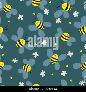 Nahtloses Muster mit Bienen und Blumen auf blauem Hintergrund. Liebenswert Cartoon Wespen Zeichen. Vorlage Design für Einladung, Karten, Textil, Stoff Stock Vektor
