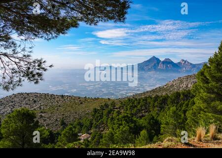 Wohnanlage auf einem Hügel, von der Bernia Ridge oberhalb von Benidorm aus gesehen, an der Costa Blanca, Spanien Stockfoto