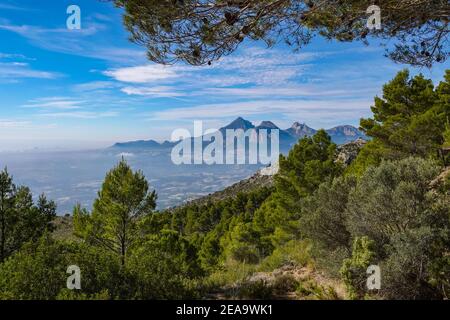 Wohnanlage auf einem Hügel, von der Bernia Ridge oberhalb von Benidorm aus gesehen, an der Costa Blanca, Spanien Stockfoto