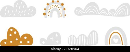 Vektor-Set bunte Regenbogen mit Wolken. Pastellfarben. Niedliche Baby Illustration. Hintergrund für Kinder. Handgezeichneter skandinavischer Kinderdruck für Kinder Stock Vektor