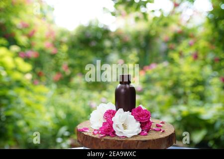 Flasche ätherisches Öl mit getrockneten und frischen Kräutern mit weißen und rosa Blüten auf Holzhintergrund mit Kopierraum. Stockfoto