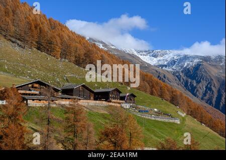 Italien, Trentino-Südtirol, Südtirol, Südtirol, Vinschgau, Ötztal Alpen, Schnalstal, Schnals, Schnalstal, Vernagt Stausee, Herbst, Finailhof, Berghof Stockfoto