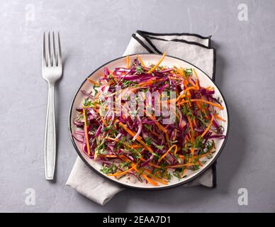 Rotkohl-Krautsalat mit Kreuzkümmel und Senfsoße auf grauem Hintergrund, Draufsicht, horizontal Stockfoto