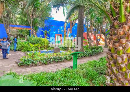 Garten des Frida Kahlo Museums (Museo Frida Kahlo), auch bekannt als das Blaue Haus (La Casa Azul) in Mexiko-Stadt, Mexiko an einem sonnigen Tag. Stockfoto