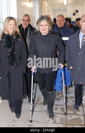 Die französische Filmlegende Brigitte Bardot, heute eine leidenschaftliche Verteidigerin der Tiere, besucht am 28. dezember 2005 ein Tierschutzzentrum in Nizza, Südfrankreich, wo ungarische Hunde, die auf illegalen Lastwagen gefunden wurden, mitgebracht wurden. Die 146 jungen Hunde wurden von der französischen Polizei während einer Zollkontrolle in den Alpen Maritimes entdeckt, während sie von Ungarn nach Spanien auf illegalen Verkehr exportiert wurden. Foto von ABACAPRESS.COM Stockfoto