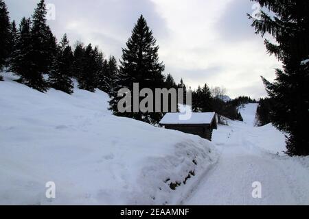 Winterwanderung am Wildensee bei Mittenwald, Werdenfelser Land, Oberbayern, Bayern, Süddeutschland, Deutschland, Europa Stockfoto