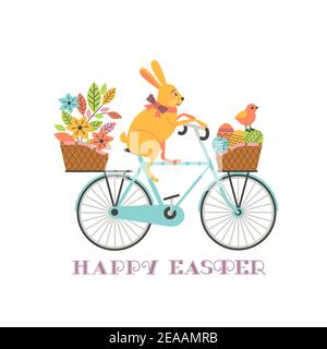Niedliches Osterhasen auf dem Fahrrad mit Eiern im Korb Stock Vektor