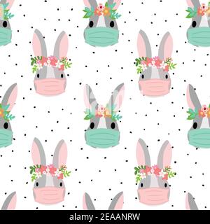 Ostern Coronavirus Bunny mit Gesichtsmaske nahtlose Muster. Wiederholende Tier Kinder Vektor Hintergrund Ostern Feiertage. Niedliche Tier Kaninchen Illustration und Stock Vektor
