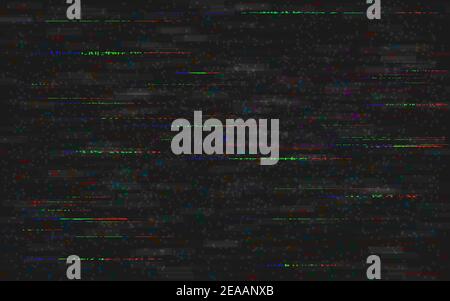 Störung VHS Hintergrund. Analoge Videoverzerrungen. Kein Signalfehler. RGB-Pixelrauschen mit verzerrten Farblinien. Zufällige Formen des Fernsehens. Vektor Stock Vektor