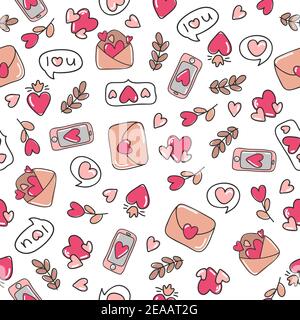 Nahtloses Muster mit niedlichen Love Mail. Vektorgrafik auf weißem Hintergrund. Liebesbriefe. Doodle Stil Textur. Handgezeichneter Umschlag. Stock Vektor