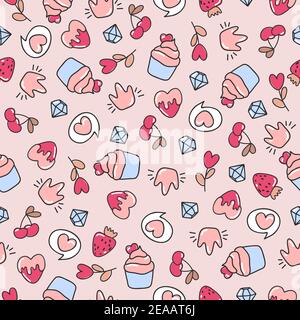 Nahtlose Doodle Liebe Muster.Vektor-Illustration. Valentinstag. Herzen, Cupcakes, Süßigkeiten, Liebe und Beeren. Pastellrosa, blau und beige Hintergrund. Stock Vektor