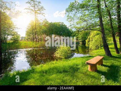Holzbank Fluß im Sommerpark Stockfoto