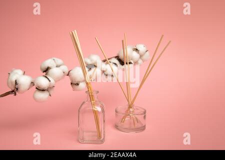 Reed Diffusor auf rosa Hintergrund. Lufterfrischer mit Baumwollblumenkugeln sanfter Geruch für Zuhause. Aromatische Sticks mit blumigem Geruch. Gewerbliche Wohnung Stockfoto