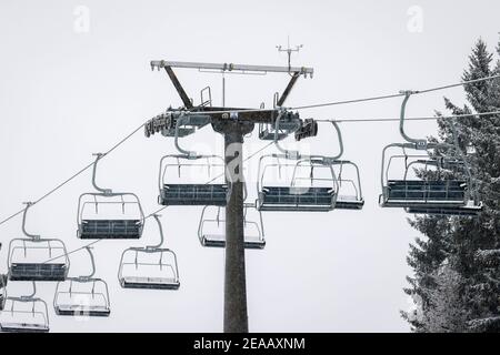 7th. Dezember 2020, Winterberg, Sauerland, Nordrhein-Westfalen, Deutschland, geschlossener Skilift, Skikarussell, kein Wintersport in Winterberg während der Coronakrise im zweiten Teil der Sperre bleiben die Skilifte nach der neuen Corona-Schutzverordnung in NRW geschlossen. 00X201207D020CARO Stockfoto