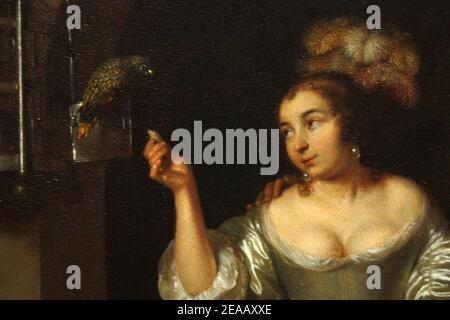 Caspar Netscher - EINE Dame mit einem Papagei und einem Gentleman mit einem Affen (1664) Detail 01. Stockfoto