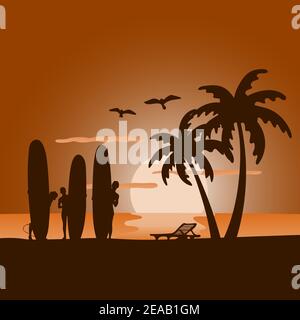 Sommer Strand mit Menschen und Surfbrett in Sonnenuntergang Hintergrund Illustration Vektor. Stock Vektor