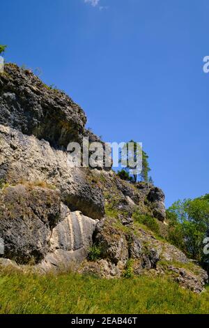 Landschaft und Felshänge im Kleinziegenfelder Tal, Fränkische Schweiz, Lichtenfels Kreis, Oberfranken, Franken, Bayern, Deutschland Stockfoto