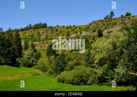 Landschaft und Felshänge im Kleinziegenfelder Tal, Fränkische Schweiz, Lichtenfels Kreis, Oberfranken, Franken, Bayern, Deutschland Stockfoto