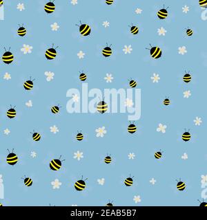 Nahtloses Muster mit Bienen und Blumen auf beigem Hintergrund. Liebenswert Cartoon Wespen Zeichen. Vorlage Design für Einladung, Karten, Textil, Stoff Stock Vektor