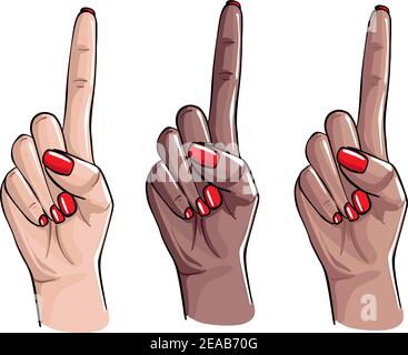 Achtung Beauty Salon Nagelpflege Zeichen, Vektor Maniküre Logo, Nagellack Kunst. Vielfalt Hände, afro latina und weiße Frauen Hände, weibliche Behandlung a Stock Vektor