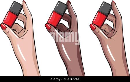 Frauen Hand halten Nagellack Flasche, Manikre Künstler Illustration. Beauty Salon Clipart Vektor Kunst, Nagel Cover Entferner, Basismantel, Finish laquer Stock Vektor