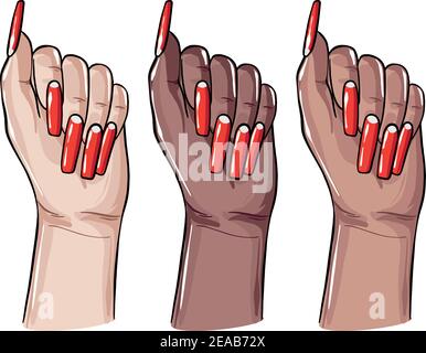 Acryl Coffin Nägel, gefälschte falsche Gel Maniküre Kunst. Nagelpflege Kunst, Schönheit und Spa-Center Verfahren. Vector Racial divercity Frauen Hände, Nagellack s Stock Vektor