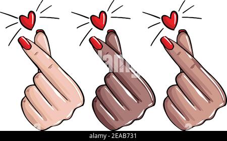 Nägel lieben, Maniküre wie Zeichen. Koreanische Liebe Geste, emoji Maniküre Master StickersWeibliche Hand zeigt Liebe, Schönheitssalon Kunst. Vektor Stock Vektor